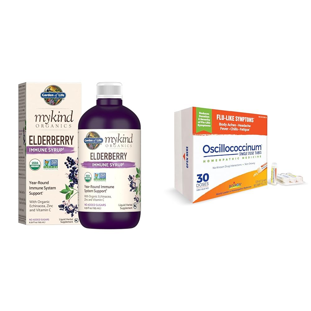 Garden of Life Organics Plant-Based Elderberry Immune Syrup 6.59 fl oz (195 Ml) & Boiron Oscillococcinum för lättnad från influensaliknande symtom på kroppsvärk