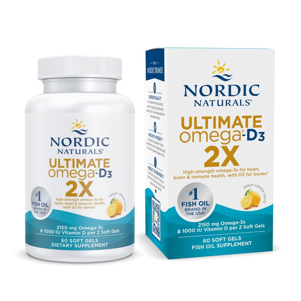 Nordic Naturals Ultimate Omega 2X D3-vitamiinilla, Lemon Flavor - 60 pehmeää geeliä - 2150 mg Omega-3 + 1000 IU D3 - EPA & DHA - aivot, sydän, & immuuniterveys - 30 tarjoilua