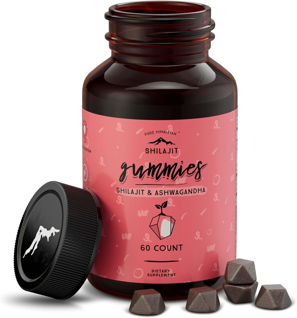 Puhtaat Himalajan shilajit Gummies, sokeriton, 85+ Trace Minerals & Fulvic Acid for Energy, Metabolia & Immuuni tuki, shilajit miesten & naisten, Ashwaghanda Gummies (60 kreivi)