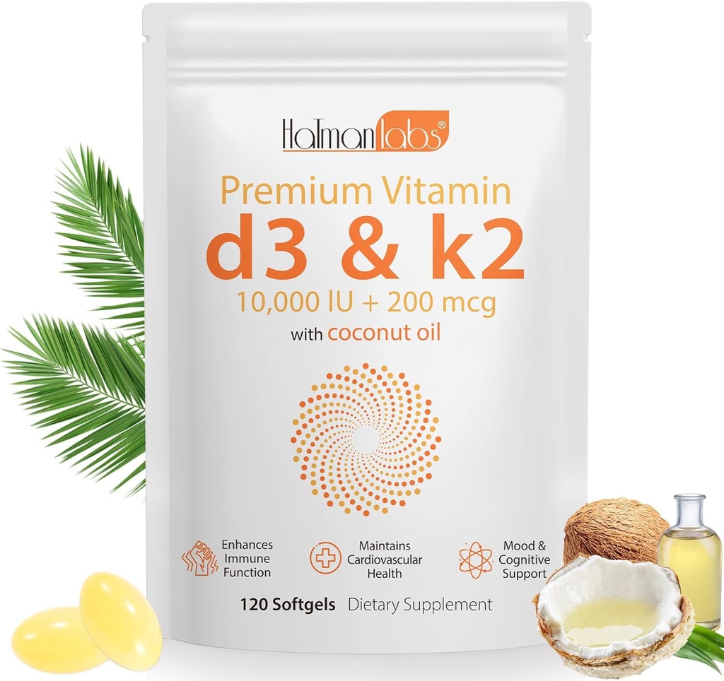 Vitamin D3 K2 Supplement Softgel, 2-i-1 Micro Ingredients Vitamin D3 10000 IE + 200 MCG Vitamin K2,Coconut Oil Softgels,Free of GMO, Supplement Softgel (120Pcs)