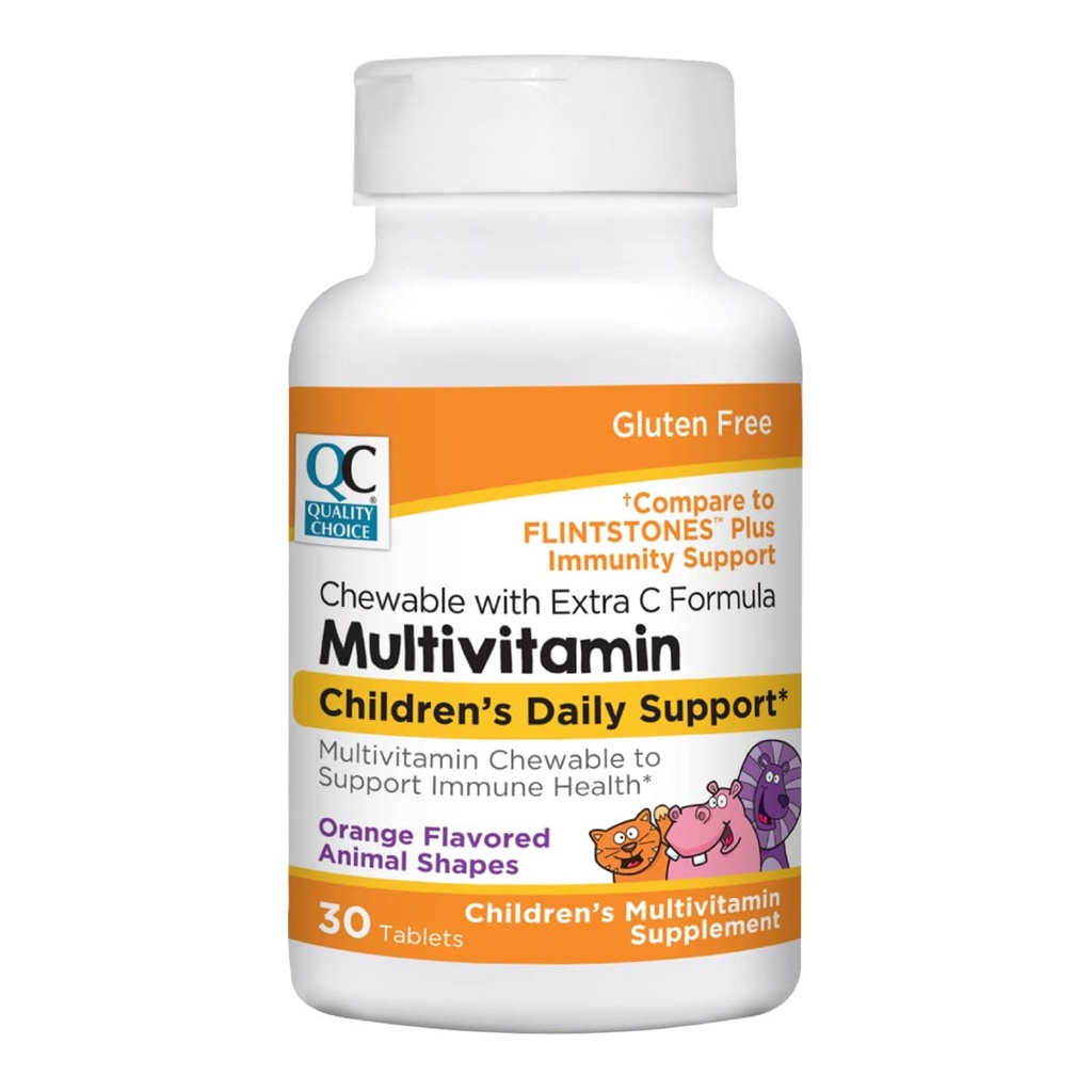 Kvalitetsval, tuggbart djur formade barns multivitamin med extra vitamin C, barns dagliga stöd orange smaksatt multivitamin immunhälsotillskott, 30 greve flaska
