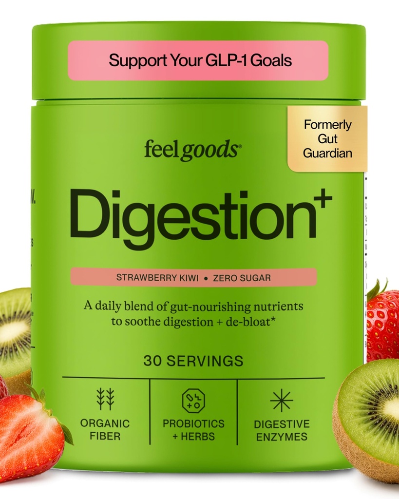 Feel Goods Gut Guardian, Organic Fiber, Probiootti & Prebioottijauhe, sokeriton, Yrtit bloat, Gut Health Support, Ruoansulatusterveys miesten & naisten, ei GMO, vegaaninen, mansikka kiivit, 30 tarjoilu