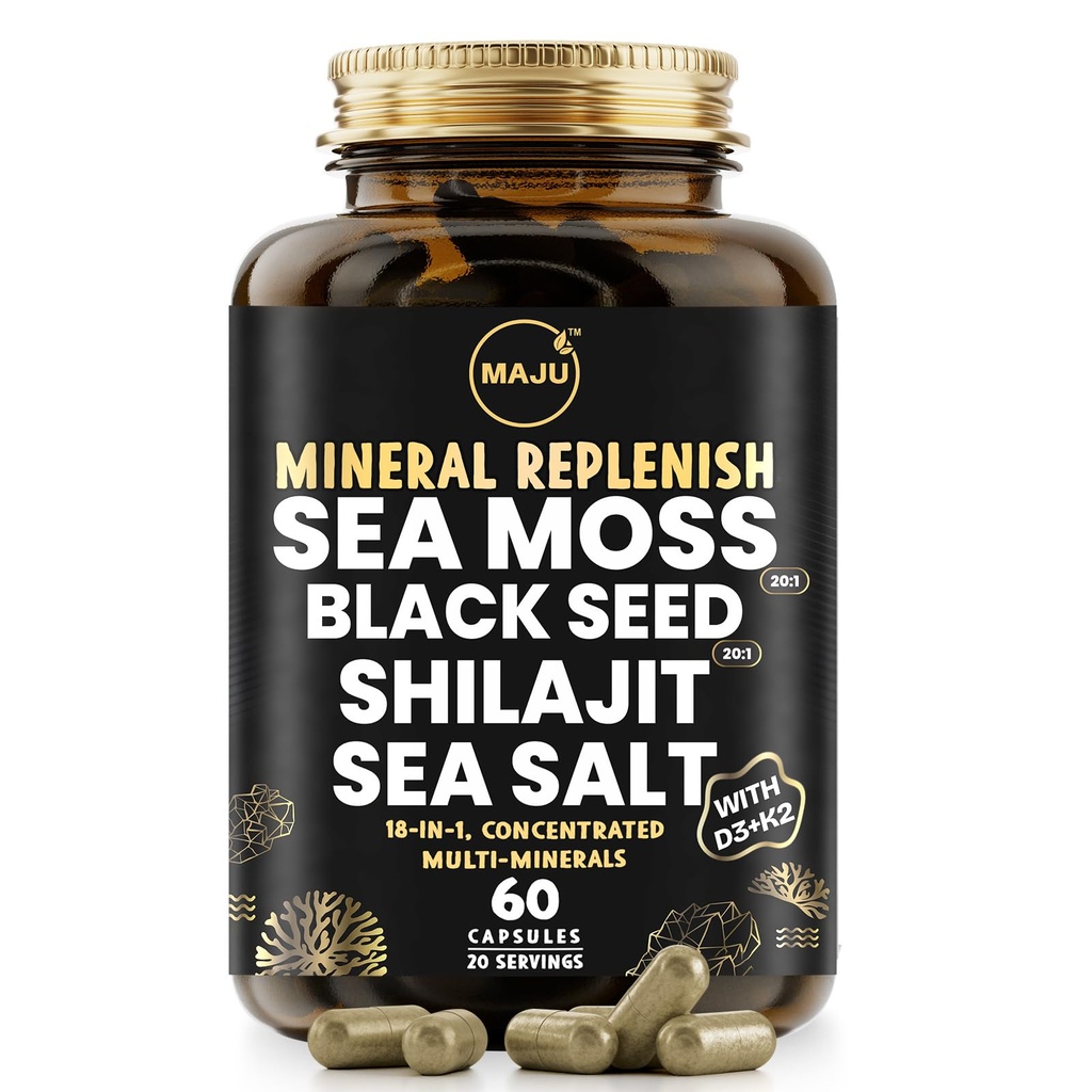 Maju Superfoods 18-in-1 Sea Moss, Black Seed, Shilajit, Sea Salt + D3 & K2, Voiteet, Trace Multi Mineral Capsules, miesten & naisten Mineral Electrolytes lisäravinteet