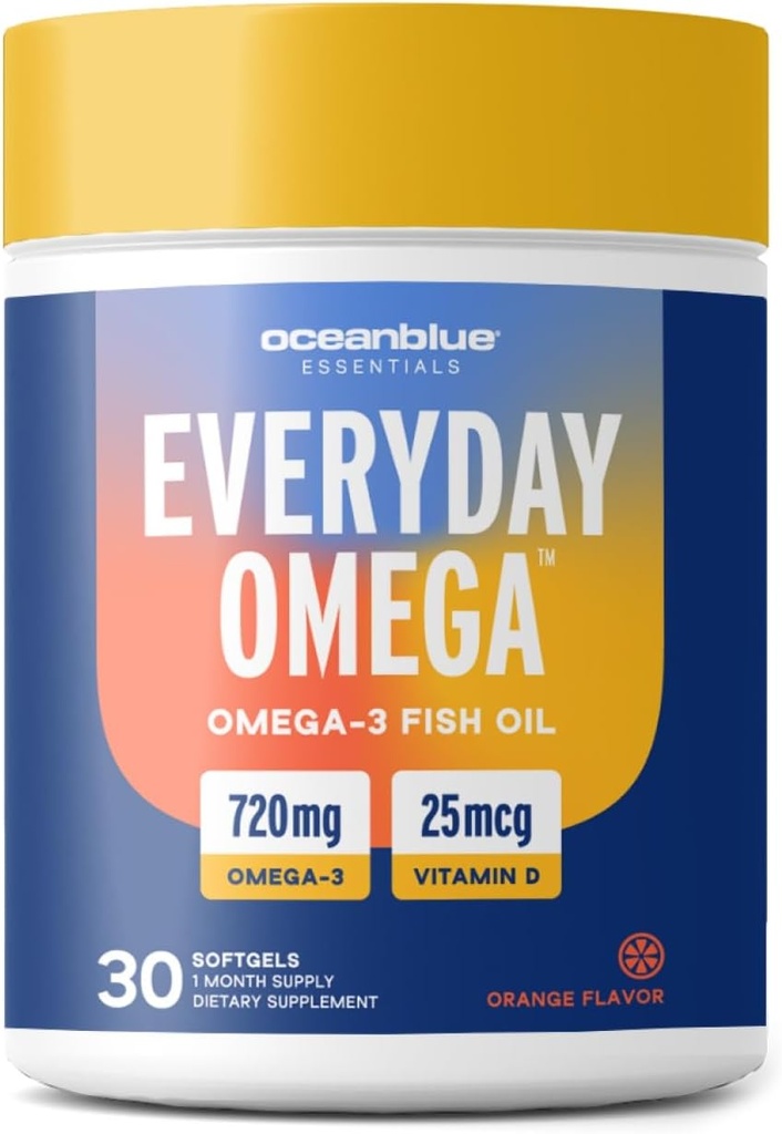 Oceanblue Omega 3 Supplement för kvinnor | Burpless Fish Oil 720mg med vitamin D3 | Hjärt immunstöd, molekylärt destillerad orange smak (30 greve en dag Omega)