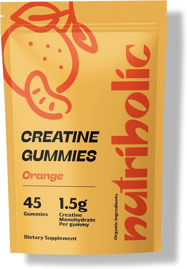 Kreatinmonohydrat Gummies för män och kvinnor - Lätt att gräva, Vegan, Glutenfri, Icke-GMO, 1,5 g Kreatin per Gummy - 45ct (45 greve, orange)