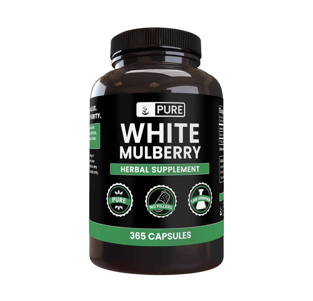 Puhdas Alkuperäinen ainesosat Valkoinen Mulberry (365 kapselia) Ei magnesiumia tai riisiä Fillers, aina puhdas, Lab vahvistettu