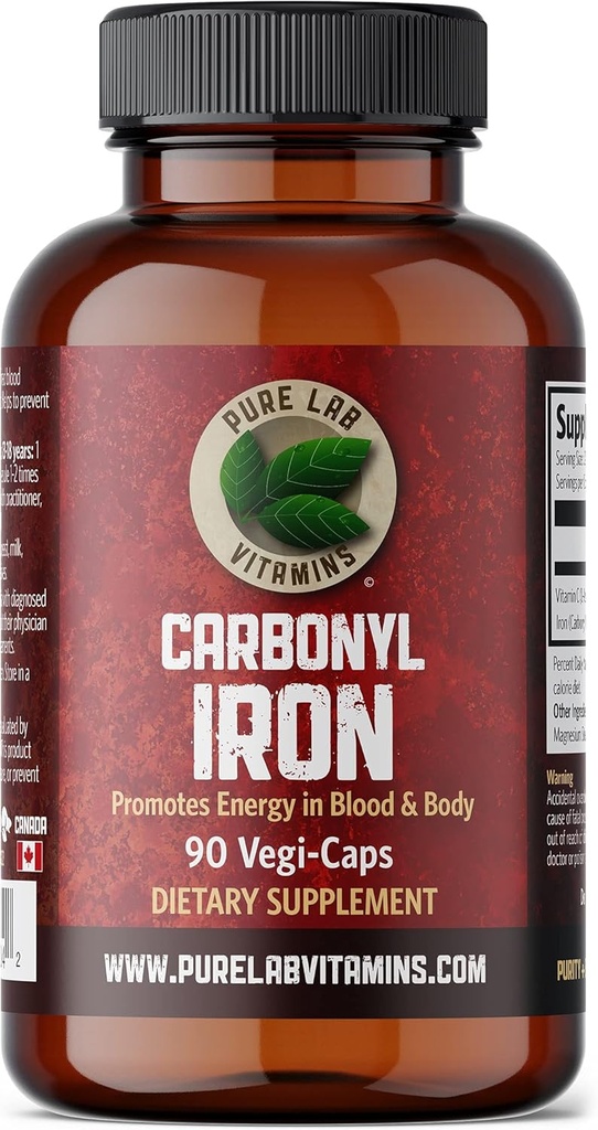 Pure Lab-vitamiinit Carbonyl Iron - 90 Vegan Caps ainutlaatuinen Formulation metallirauta VIT C, Superior Biosability - Ei-kosteuttava, tukee Red Blood Cell Formation Made in Canada