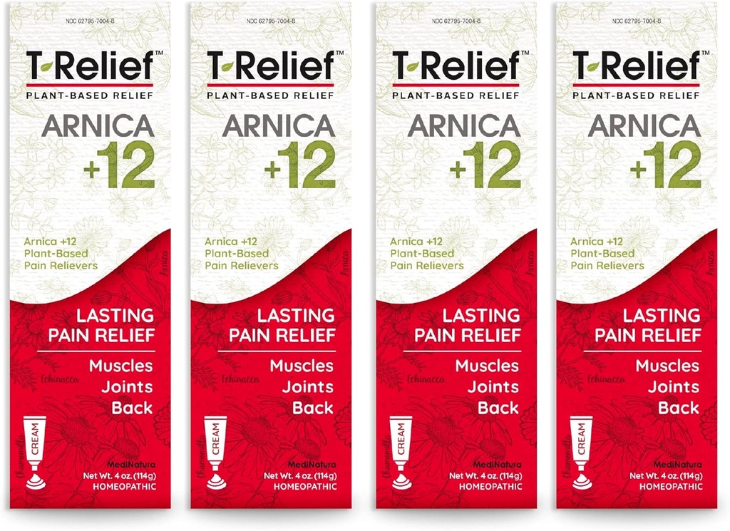 T-Relief Arnica +12 Cream Natural Releaving Actives for Back Pain nivelen ahdistus Lihassärkyä ja jäykistyminen, koko kehon nopea toiminta helpotus naisille ja miehille - 4 oz (4 pakkaus)