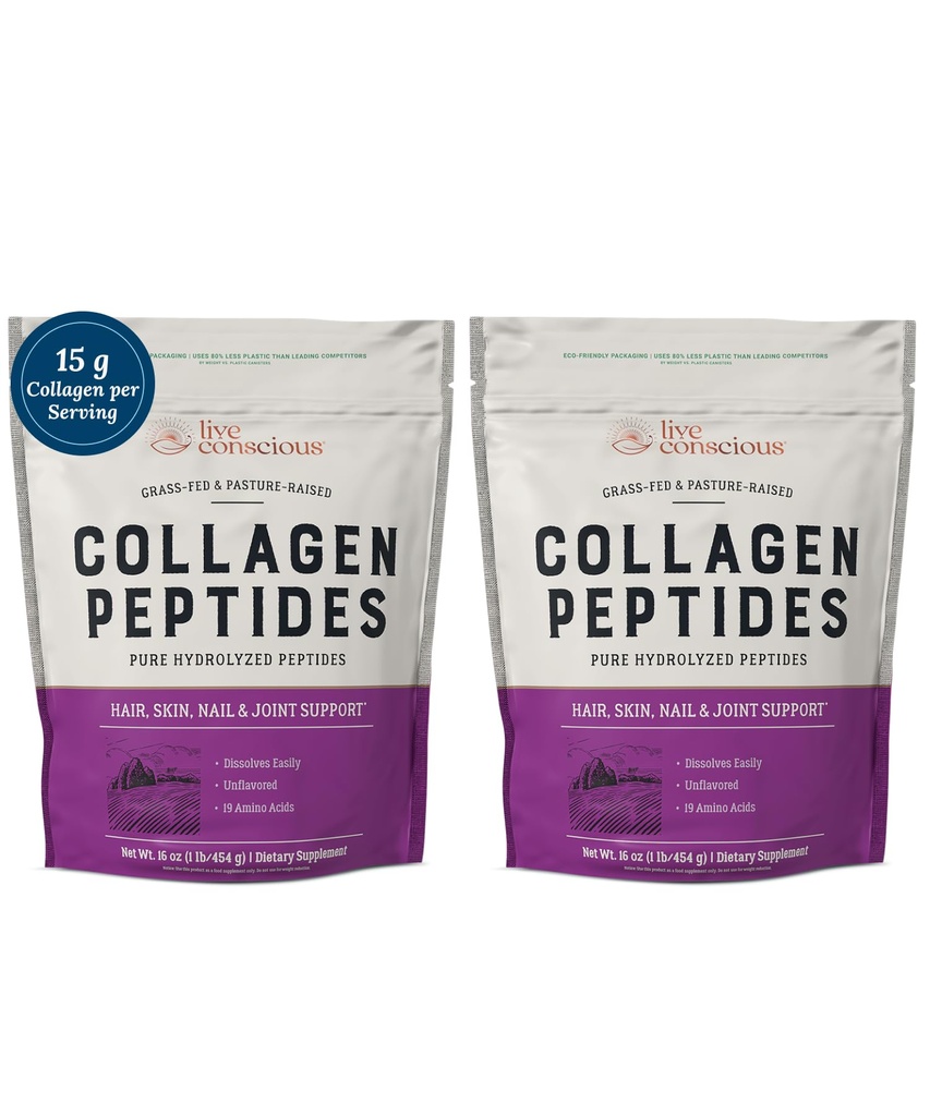 Live Conscious Collagen Peptides Powder - Hiukset, iho, kynsien, ja Joint Support - Tyyppi I & III Collagen - Luonnollisesti peräisin hydrolysoitu proteiini - 16oz (2-pakkaus)