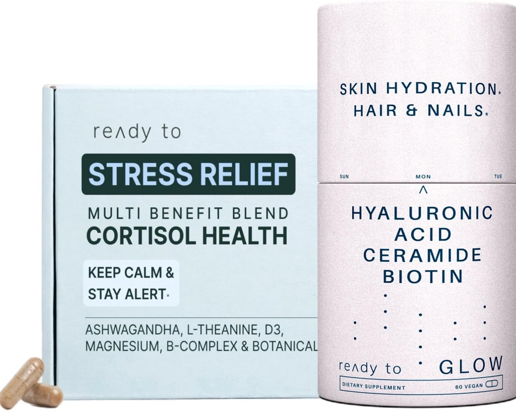 Ihon ja stressin lievittäminen Set Cortisol Health & Anti-Aging lisäravinteet Ashwagandha, hyaluronihappo, Ceramidit, Biotiini & antioksidantit .