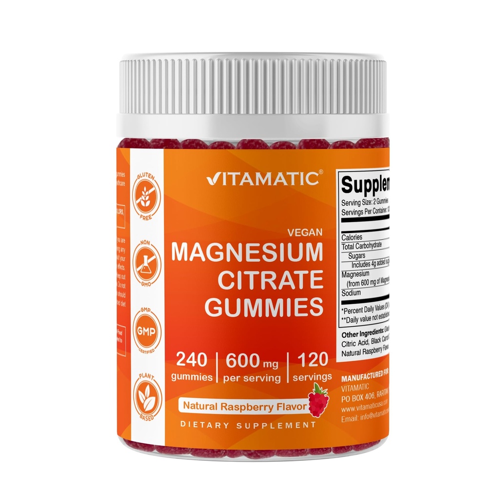 Vitamatic Magnesium Citrate Gummies 600mg per Tarjoilu - 240 Vegan Gummies - Natural Vadelma Maku - Korkea Imeytyminen Magnesium täydentää - Tukee hermo-, luu- ja lihasterveys