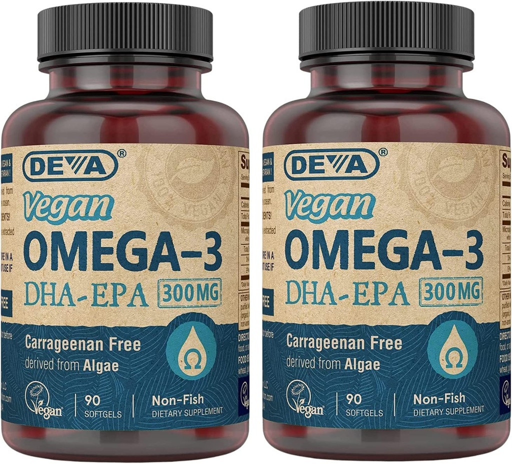 DEVA Vegan DHA-EPA Nutritional Supplement, Non-Fish härrör från Alger, 300 mg Potens, 90 vegetariska Softgels - Pack på 2
