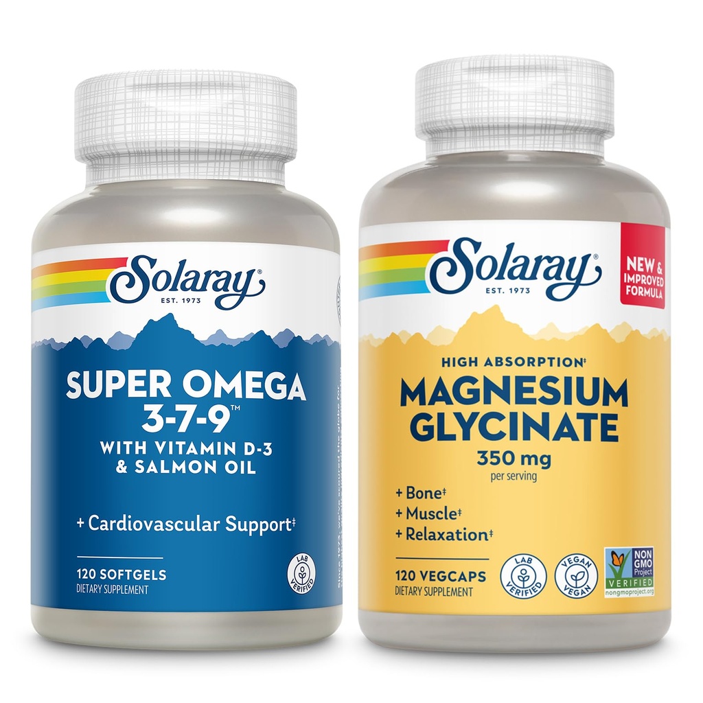 SOLARAY Super Omega 3, 7, 9 ja Magnesium Glycinate Bundle - Essential rasvahapot ja kelated magnesium Gisglysinaatti terveelle sydämelle, luut, ja rentoutumista tukea - 120 Softgels, 275 VegCaps