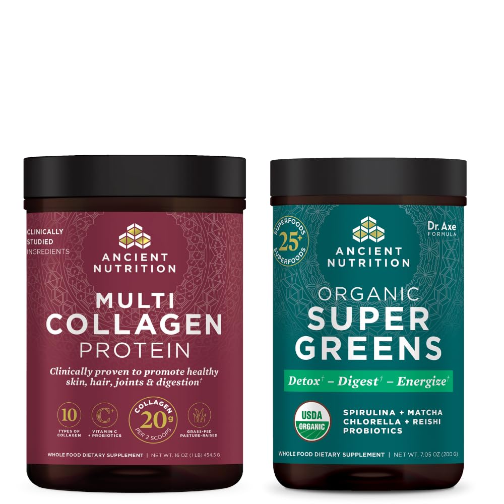 Ancient Nutrition Organic Supergreens Powder, 25 tarjoilua + Multi Collagen Protein Powder, makuamaton, 45 tarjoilua