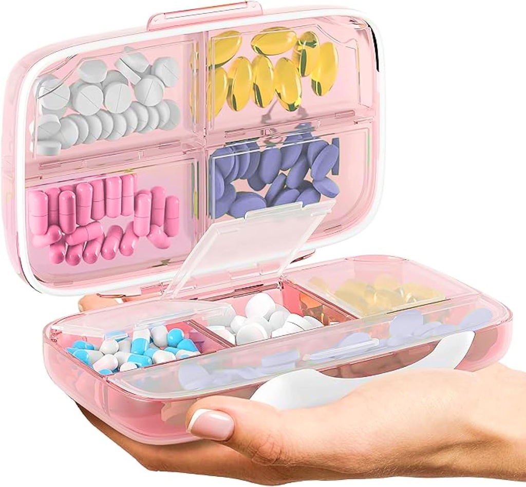 Travel pilleri Organizer - ilmatiiviistä lääketieteen tapauksessa matka Kannettava farmaseuttinen Box jossa merkinnät Vitamiini Container 8 Osaston täydentää Lääkkeen haltija Suuri kapasiteetti Päivittäin (Pink)