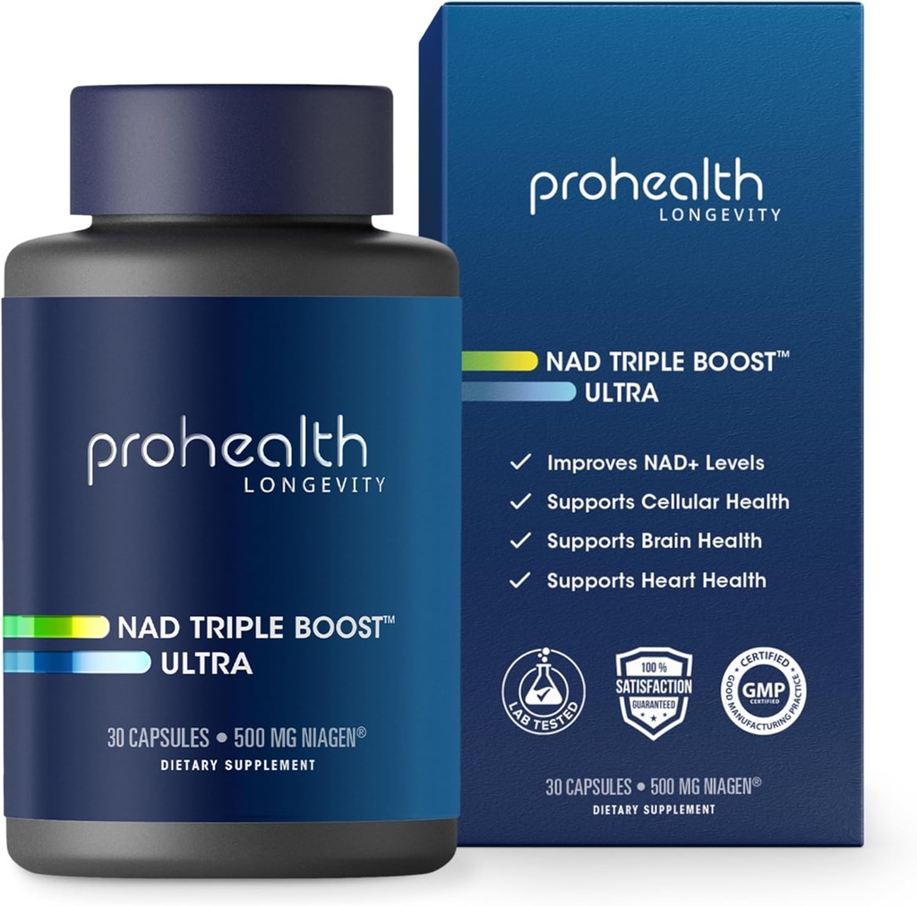 ProHealth NAD Triple Boost Ultra + 500 mg Niagen NR. 3X NAD+ Optimizer Plus Apigenin, PQQ, Quercetin. Edistää pitkäikäisyys, sydän ja aivot terveys, aktivoi sirtuins solukorjaukseen (30 palvelinta)