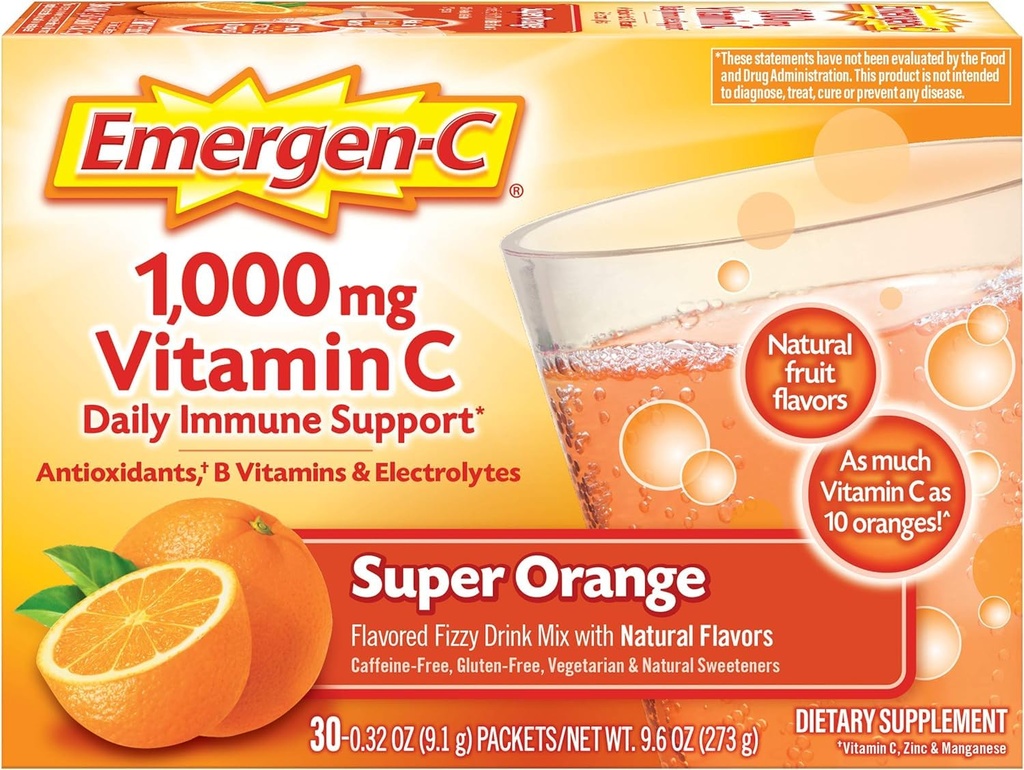 Emergen-C 1000mg Vitamin C-pulver för daglig immunstöd koffeinfri vitamin C-tillskott med zink och mangan, Super Orange smak - 30 greve