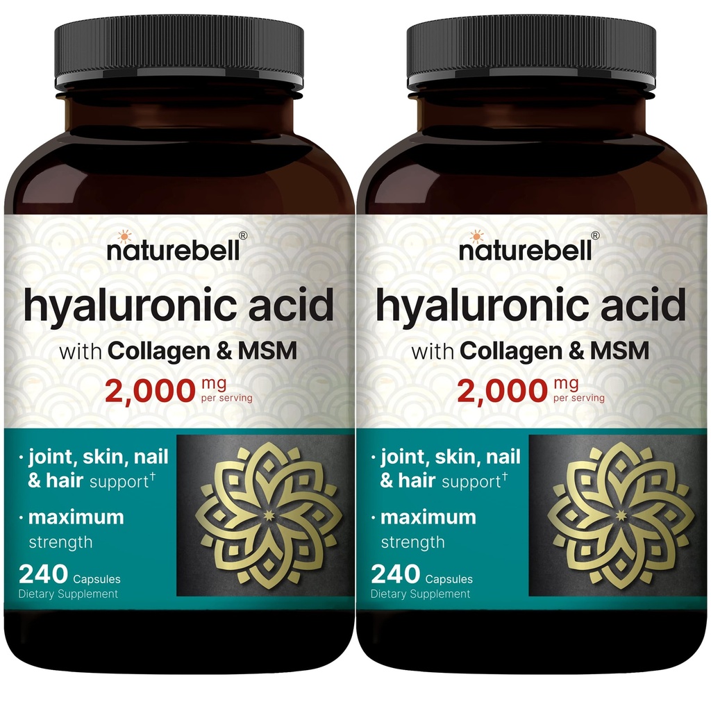 NatureBell 2 Pack Hyaluronic Acid lisäravinteet 2000 mg ... 480 Kokonaiskapselit, joissa MSM & Hydrolysoitua naudan kollageenia... 3 in 1 Tuki ihon nesteytykseen, nivelvoiteluun, hiuksiin ja silmien terveyteen