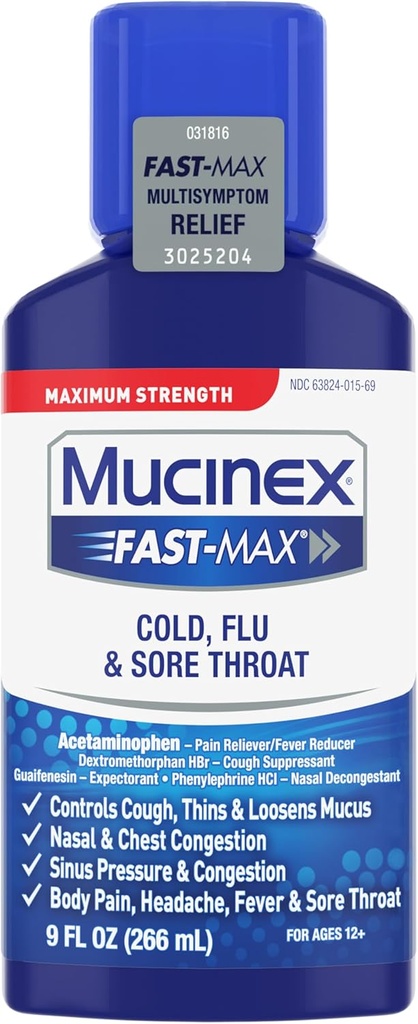 Mucinex kylmä, flunssa, ja kurkunlievitysneste, 9 Fl Oz