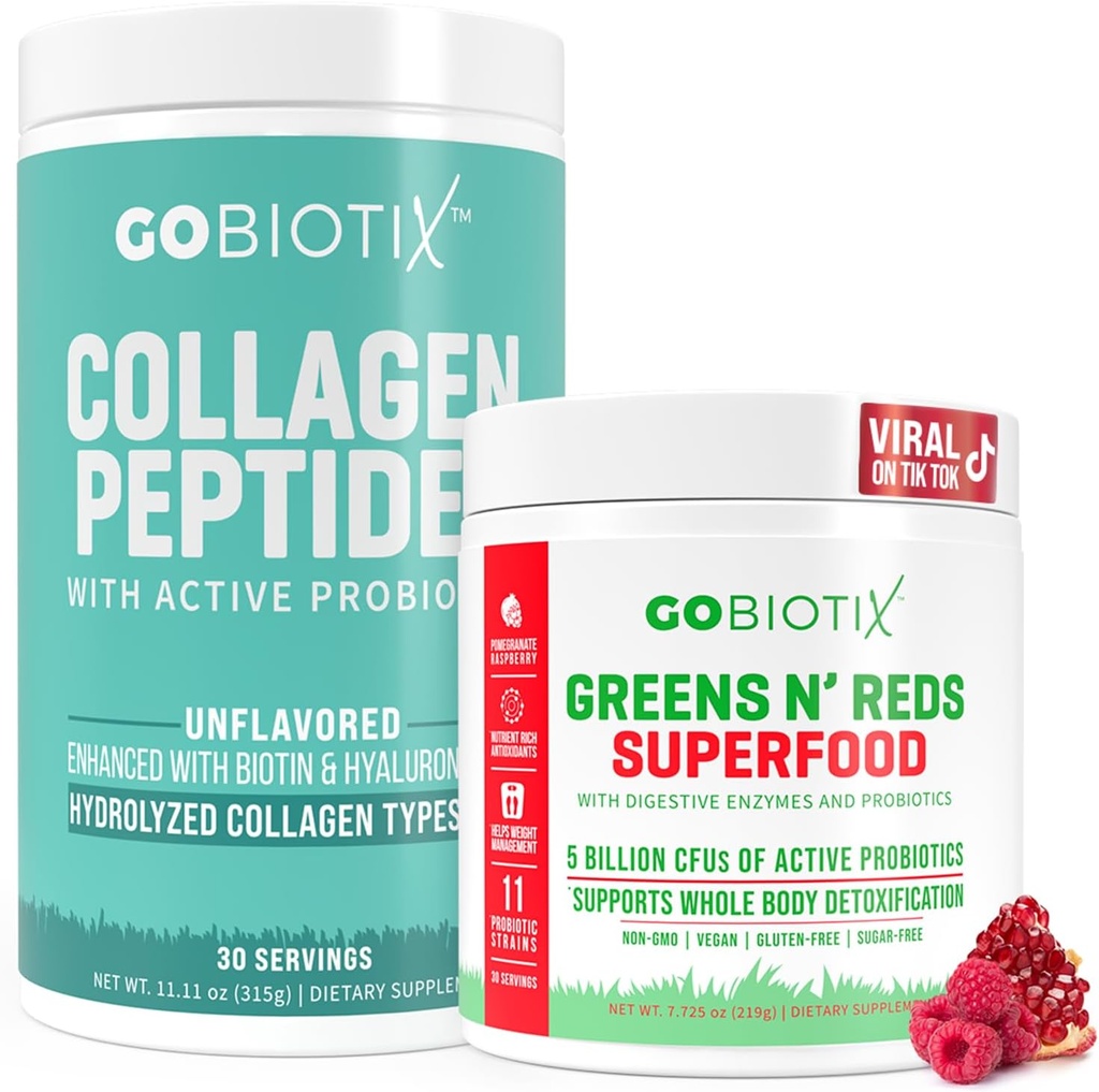 GOBIOTIX Super Greens & Collagen Bundle - Vitality Boost with Organic Spirulina & Hair-Skin-Nails Support - 30 portioner
