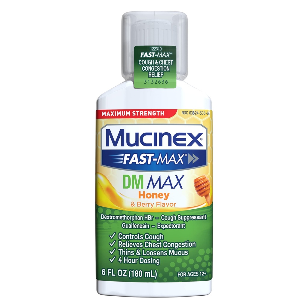 Mucinex Fast- Max Maksimivahvuus DM MAX, yskänlievitys, yskänlievitys ja odotus, hunaja ja marja maku, 6 FL OZ