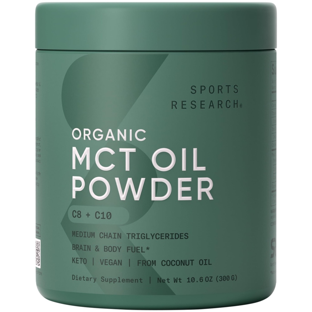 Sports Research Organic MCT Oil Powder - Keto & Vegan MCTs C8, C10 kookospähkinästä - Rasvahappoaivot ja Body Fuel, ei-GMO:t & Gluteenittomat - Makuton, Täydellinen kahvi, Tea & Proteiini Shakes - 10.6 oz
