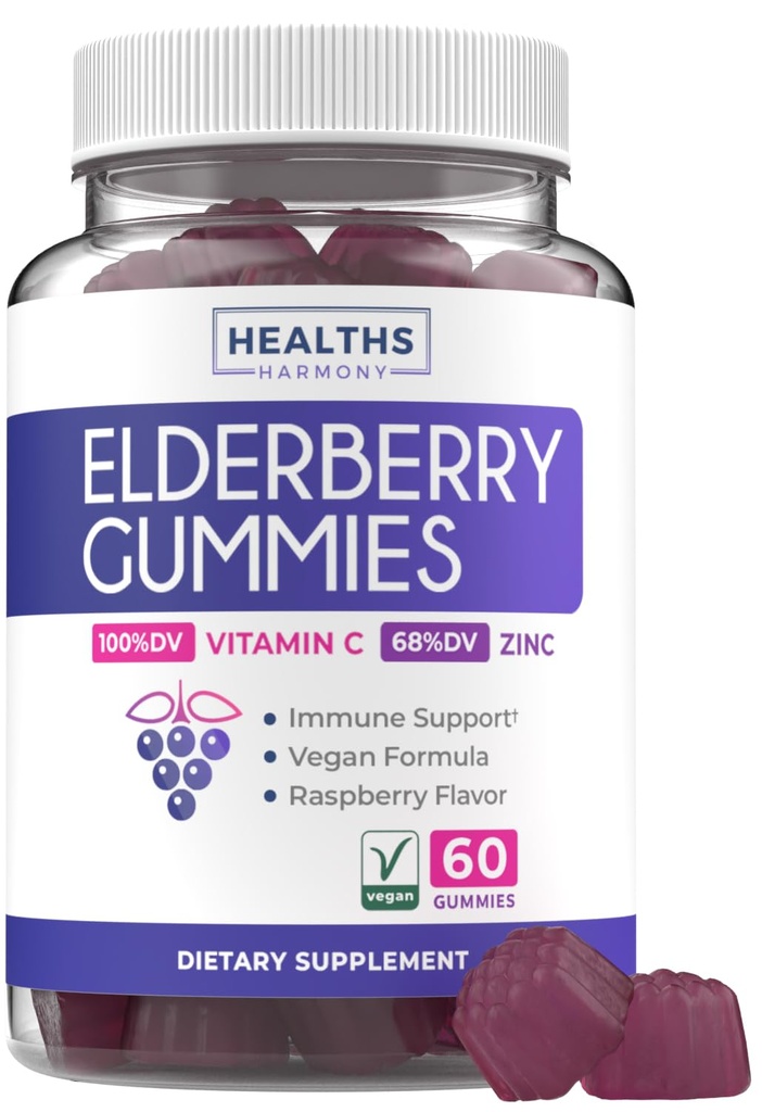 Vegaani Sambucus Elderberry Gummies aikuisille - Musta Elderberry C-vitamiinia ja Sinkki Gummies päivä- ja vuodenajan hyvinvointi - herkullinen ja ravitseva Immuuni tuki Gummy (1 kuukausi tarjonta)