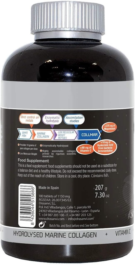 Drasanvi (2 pakkaus) COLMAR Hydrolyzed Marine Collagen ja magnesium 180 tablettia - terveille ihokartiloille, luut ja lihakset