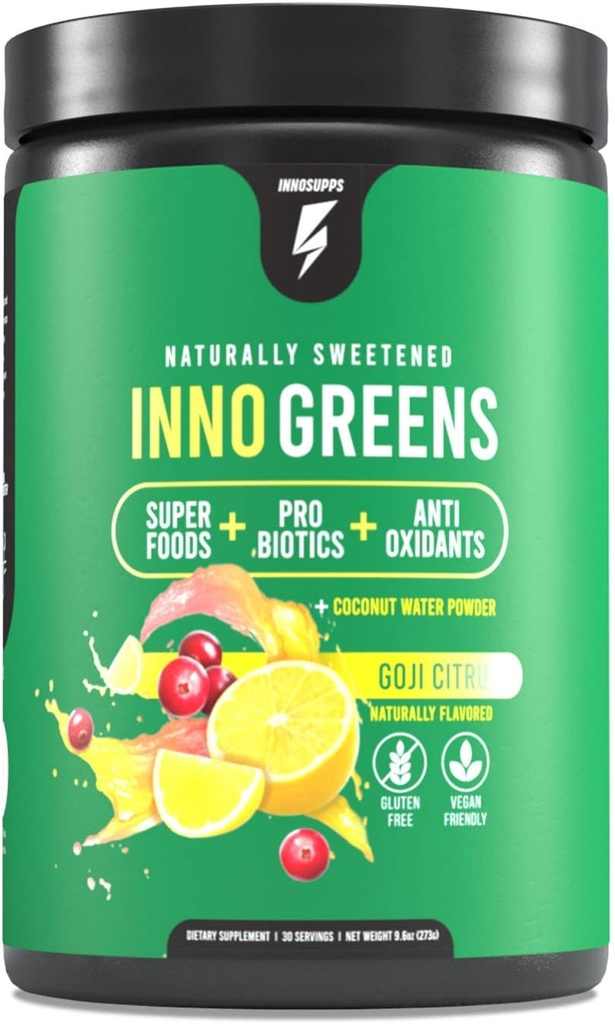 InnoSupps Inno Greens | 28 + Organic Greens & Superfoods | Avancerad Prebiotika + Probiotika | Super Antioxidant + Hydration | Spirulina, Chlorella, Ashwagandha - 30 portioner (Goji Citrus)