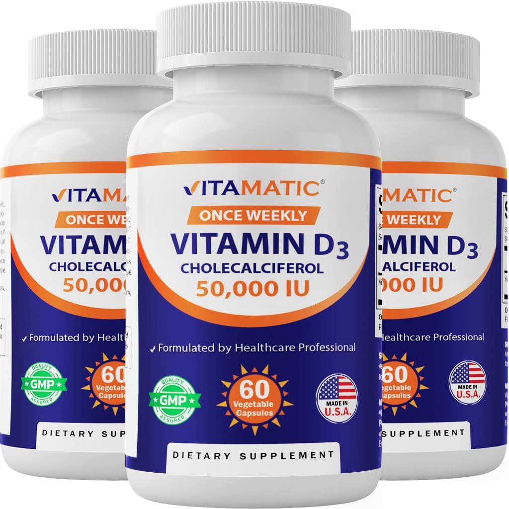 Vitamatic 3 Pack D3-vitamiinia 50 000 IU (kolekalsiferolina), kerran viikossa annosteltuna, 1250 mikrog, 60 kasviskapselia 1 vuoden ajan, progressiivinen D-vitamiinin puute