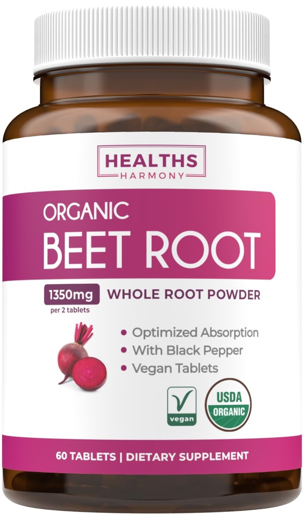 USDA Organic Beet Root Powder (60 tablettia) 1350 mg Beets Per Serving Black Pepper for Extra Imeytyminen - Super Antioksidantti ja nitraatti täydentää urheilullinen suorituskyky ja kestävyys - Ei kapseleita
