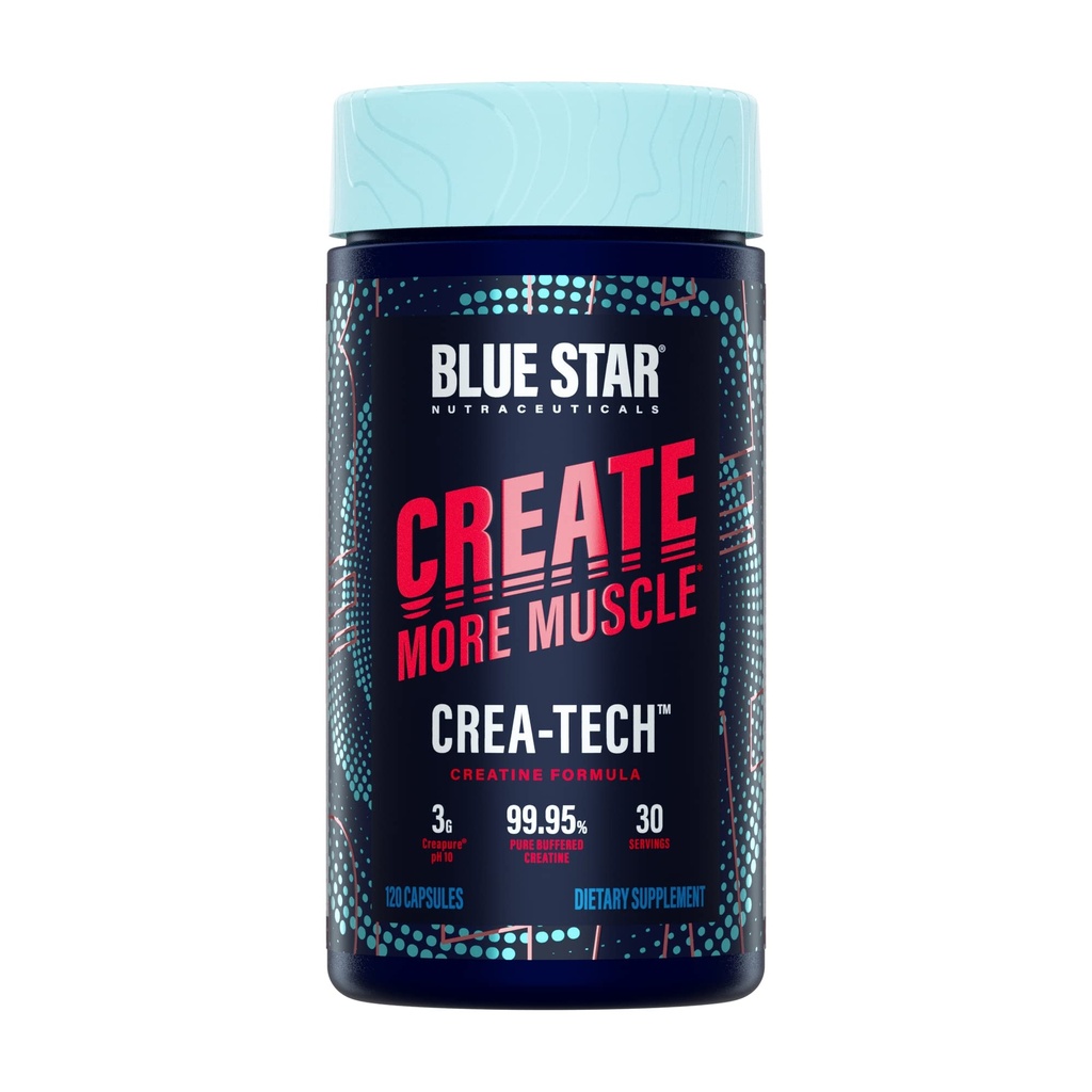 Blue Star Nutraceuticals CREA-TECH - Creapure Creatiini Monohydraatti - w/Electrolytes. Kreatiini + Elektrolyyttejä kapselit - Rakentaa lihasten ja lisätä voimaa 30 päivän tarjonta - 120 kasviskapselit