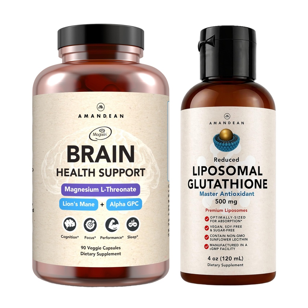 AMANDEAN Premium Brain Health Supplement & Liposomal Glutathione Bundle. Triple Formel med Magnesium L-Threonate, USA-Grown Organic Lion's Mane 6:1 Extract och Alpha-GPC. Support Cognition, Focus &