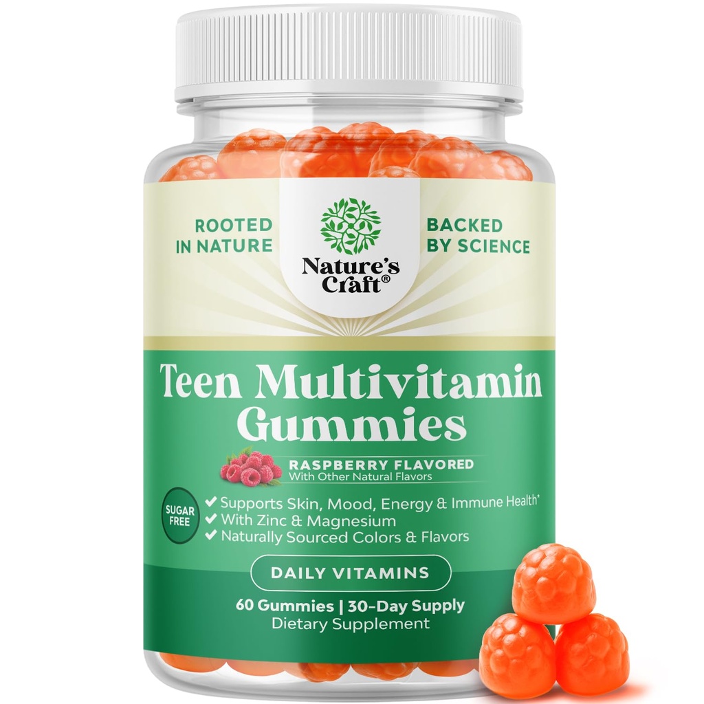 Teen Multivitamin Gummies 12-17 - Teen Boys & Girls Gummy Vitaminer för bättre hud, immun styrka, humör och energistöd - Teenage Girl & Boy Supplements med Zn, Mg, vitamin A, C, D & E - 60 Ct