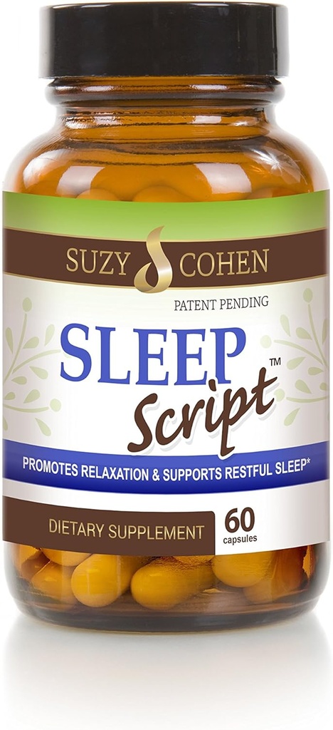 Suzy Cohen Sleep Script melatoniini - kasvitieteellinen uni ja rentoutuminen Formula aikuisille mielialan, stressin ja unen, sisältää 5-HTP, L-theanine, Passionflower, Lemon Balm ja GABA 60 kapselia.
