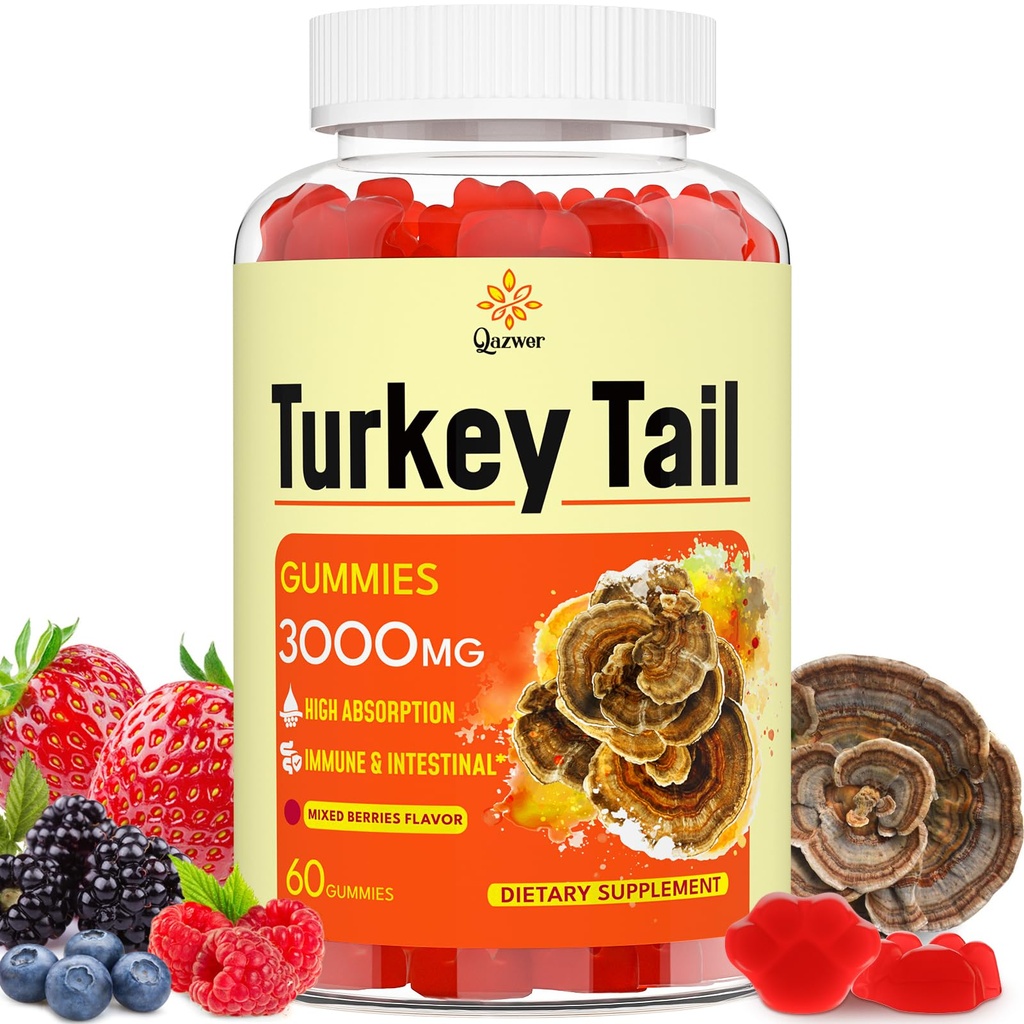 Turkiet Tail Mushroom, Turkiet Tail (100% Fruiting Body, 40% Beta Glucans) lägger till Black Pepper, Mushroom Gummies för Gut, Energy, Brain & Immune Support, Mixed Berries Flavor | Vegan, Non-GMO, 60ct