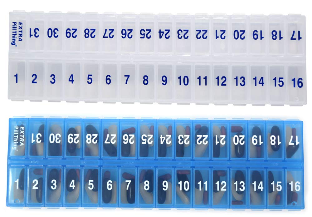 AM 31 Päivä kerran päivässä Kuukausittaiset pilleri suunnittelijat - Suuri osasto pilleri laatikot Store Lääkkeet koko kuukauden Plus Osasto Extra pillereitä (AM/PM Clear & Blue) BPA ilmaiseksi