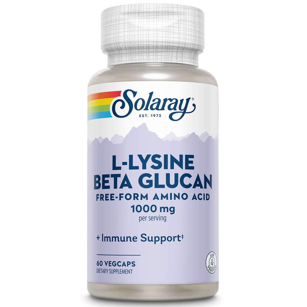 SOLARAY L-Lysine Beta Glucan, vapaa muoto Aminohappo, L-Lysine 1000 mg kapselit, Immuuni tuki täydentää, terve iho ja huulet tuki, 60 päivän takuu, Lab vahvistettu, 30 Servings, 60 VegCaps