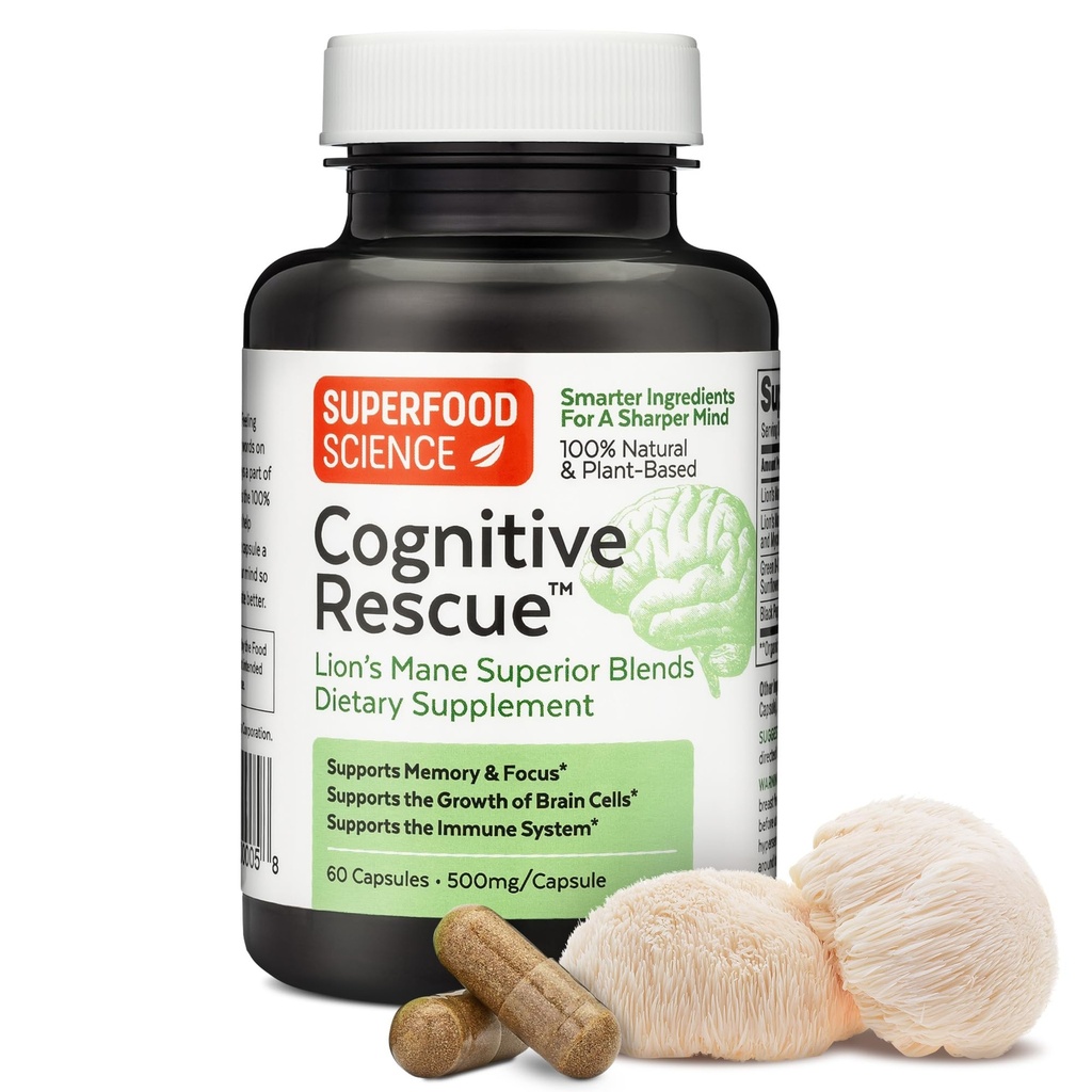 Kognitiivinen pelastus, Lion's Mane Mushroom Capsules w/ Lion's Mane Dual Extract, Nootropics, Brain Supplement for Memory and Focus, Mushroom Immuuni tuki w/ B Vitamiinit Complex, BioPerine, 60 kapselia