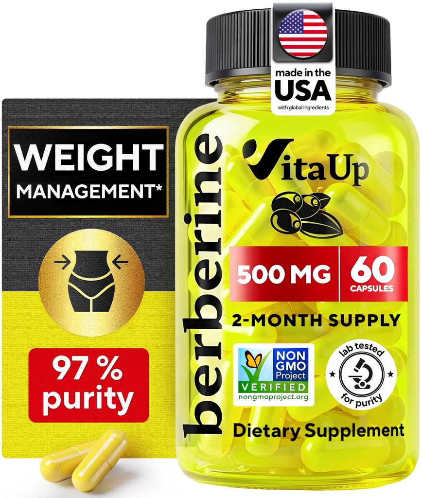 Berberine Supplement 500mg - USA Made Berberine 500mg - Non-GMO Berberine HCL - Berberine Supplements for Weight Management, Energy, Immune Support - 60 kapslar