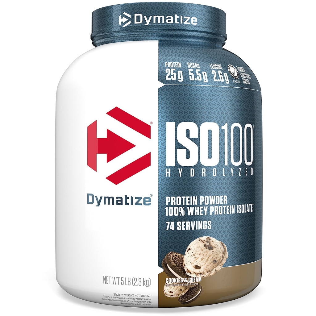 Dymatize ISO100 Whey Protein Powder Isolate, Cookies & Cream, 25 g proteiinia, 5 punta, 5.5 g BCAAs, Alle 120 Cal., Gluteeniton, 1g rasvaa, 1g sokeria, 2g Carb (74 tarjoilua)