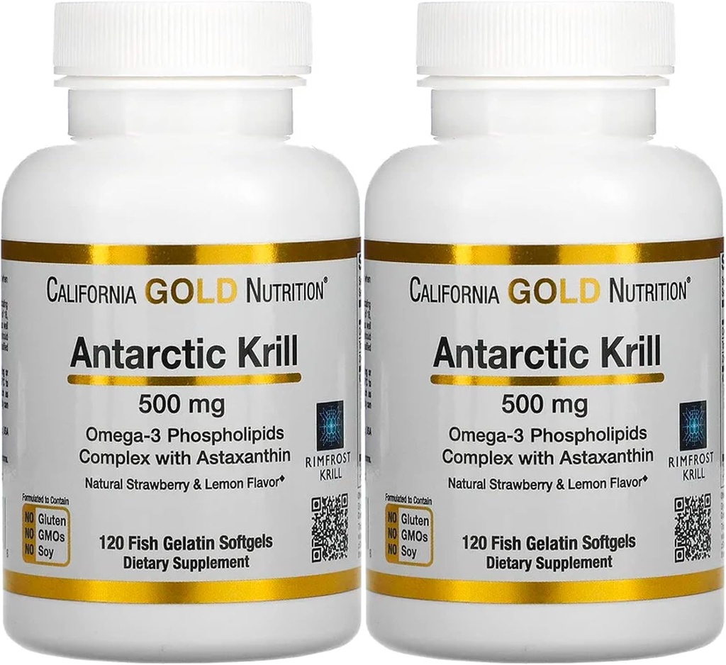Kalifornien Gold Nutrition Antarctic Krill Oil, Ultra-High Omega-3 med Astaxanthin, Natural Strawberry & Lemon Flavor, Non GMO, Gluten Free, 500 mg, 120 Fish Gelatin Softgels, 2 Pack