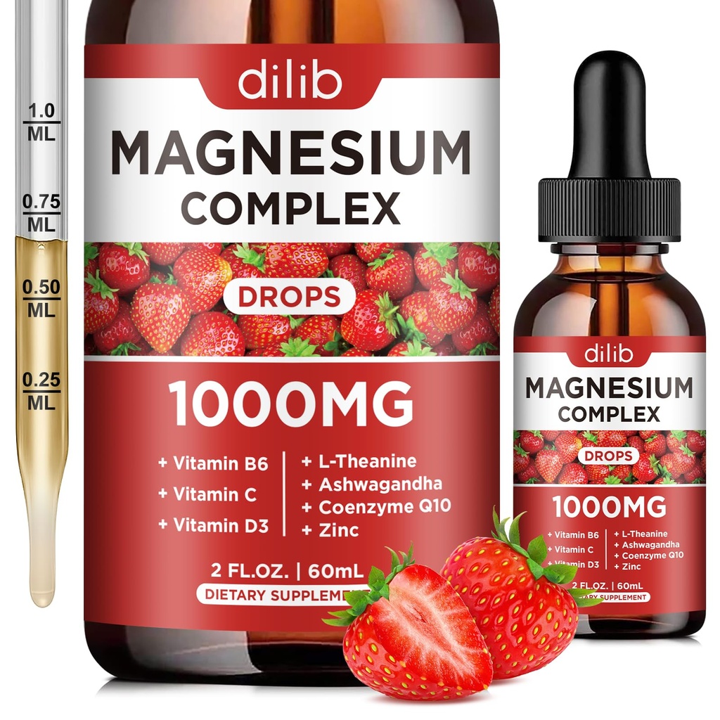 Triple Magnesium Complex Supplement, Magnesium Glycinate, Blend, Citrate Liquid Drops 1000mg med Ashwagandha, CoQ10, Vitamin B6, C, D, Zink -Support Calm Stress Relief, Bone, Muscle, Mood Vegan