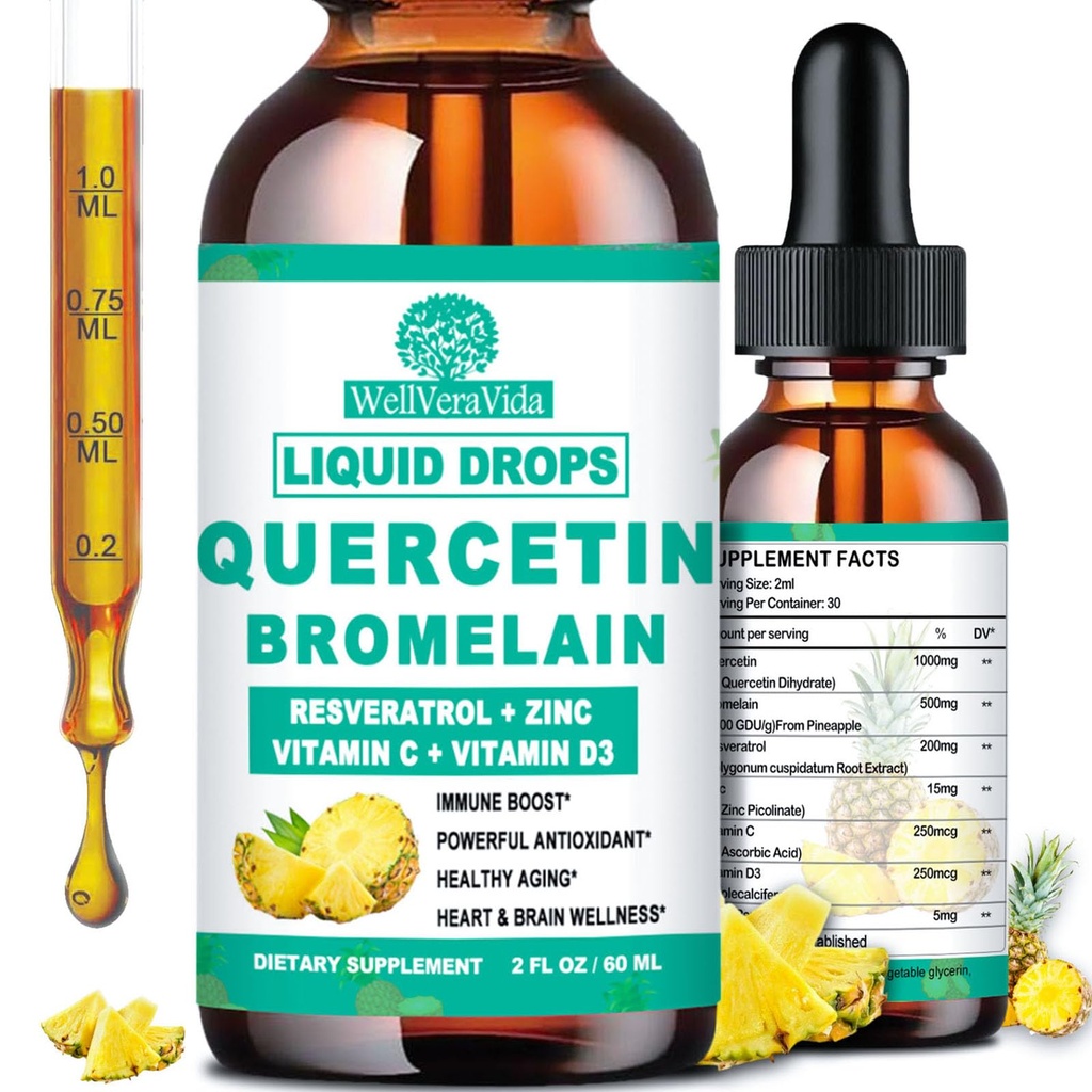 Kvarsetiini, jossa on bromelaiinin nestepisaroita, 4X vahvempi kuin kapselit ja pillerit, 7-in-1 orgaaninen sinkki Quercetin 1000 mg ja bromelaiini 500 mg C- vitamiini D3 Immuunituki hengitystieterveyteen ja antioksidanttiin