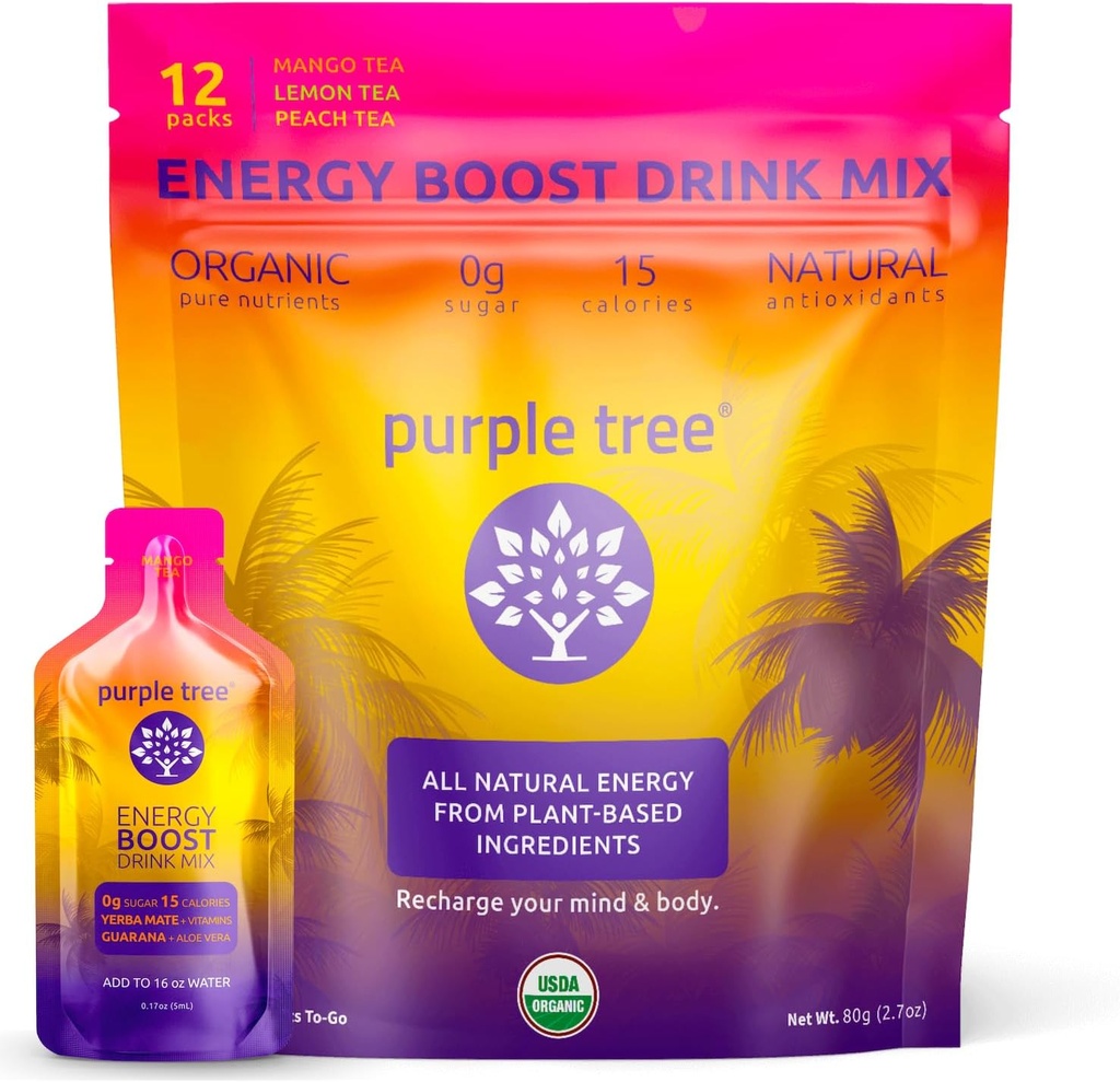 violetti puu Organic Energy Stick Packets ... Nolla sokeri, 80mg luonnollinen kofeiini Yerba Mate & Guarana, jossa B12-vitamiinia Smooth, Crash-free Energy ... Lemon Iced Tea Flavor, 12 to-Go Packs