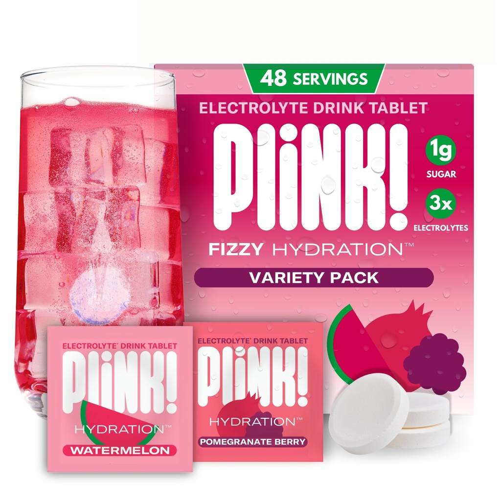 Plink! Fizzy Electrolyte Drink -tabletit päivittäiseen nesteytykseen - 48ct Elektrolyyttitabletit + natrium, kalium, magnesium, Low-Calorie, Low-Sogar Keto Electrolytes Powder Hydration Packetit Vesiliekki