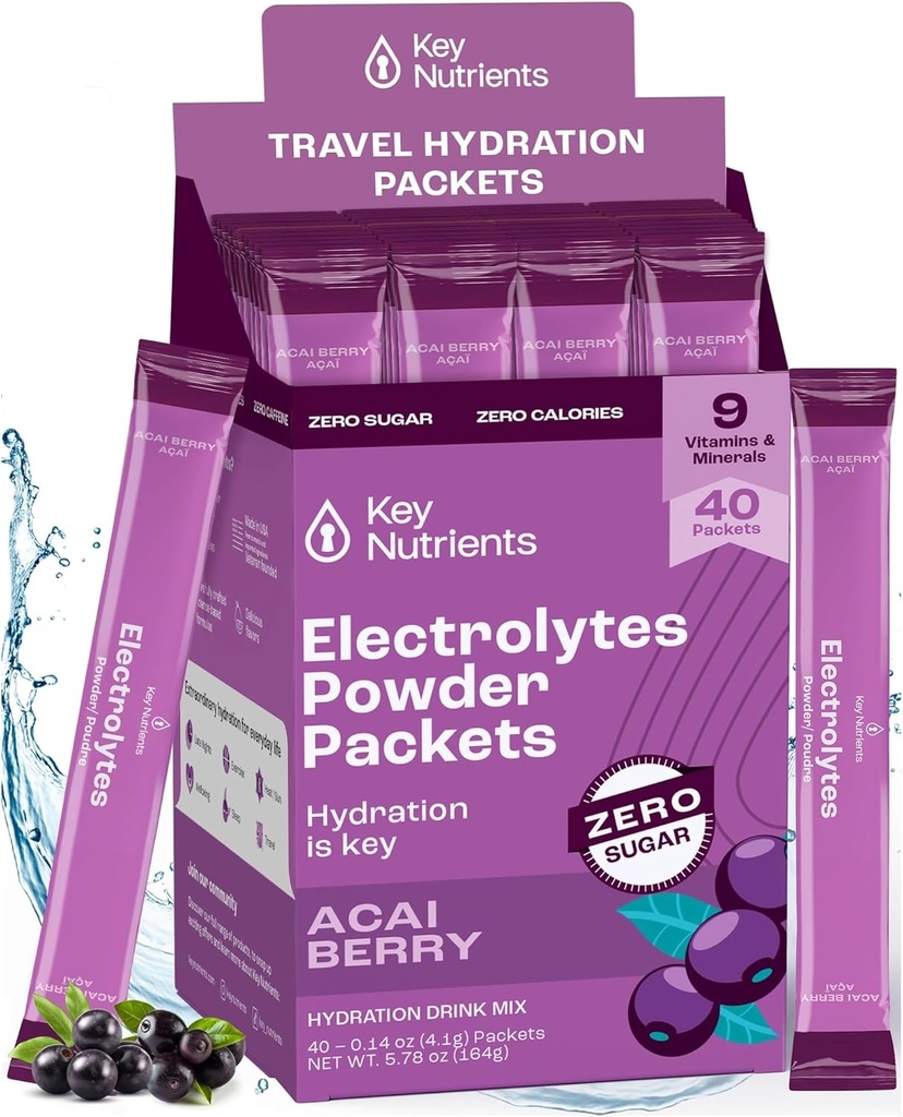 Avainaineet Multivitamiini Elektrolyyttejä Powder Packets - Herkullinen Acai Berry 40 Pack Hydration Packets - Travel Hydration Powder - Ei sokeria, ei kaloreita, Gluteeniton - Made in USA