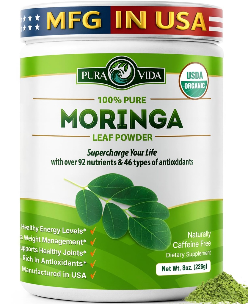 PURA VIDA MORINGA Powder Organic Single Origin - Premium 100% Leaf Powder, USDA Organic Moringa Oleifera, Moringa Leaf Powder - Täydellinen Smoothies & Reseptit. 8 oz.