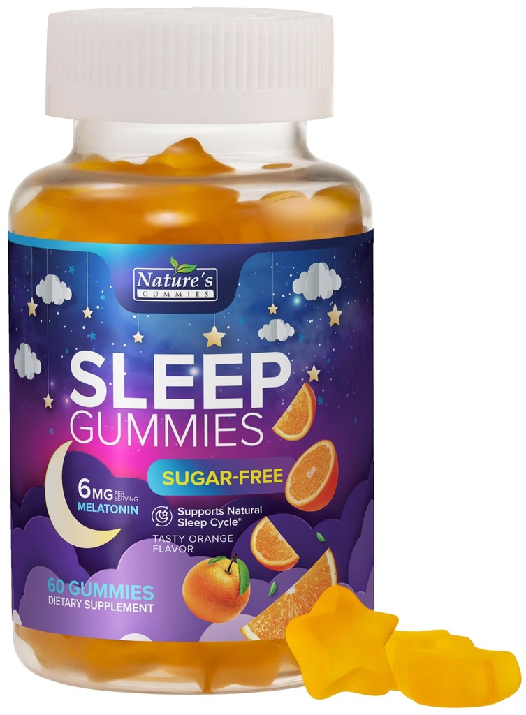 Sleep Gummies täydentää 6 mg - Sokeriton melatoniinin Gummy aikuisille, Natural Nolla sokeria nukkuva Gummy aikuisille, lapsille, Orange Flavored, Vegan, Extra Strength uni vitamiini tuki - 60 Gummies