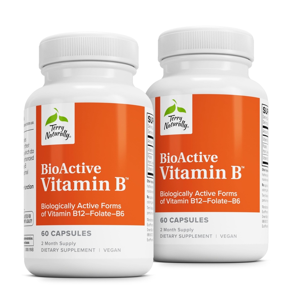 Terry Naturally BioActive Vitamin B - Aid Heart Health med Bioactive B-vitaminer - Tillägg med folat och kalcium - B Komplex vitamin för att hjälpa nervsystemfunktion - 60 kapslar (Pack of 2)